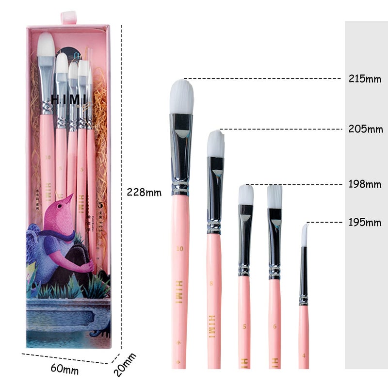HIMI Little Bird Paint Brushes Set 5 Pcs for Acrylic Oil Gouache Paintï¼Œ1 Wide Brush, 3 Fan Brush,1 Liner Brush, Interesting Designed Nice Gift for Art hobbyist Beginners Artists (Pink,5 Pcs) - Image 3
